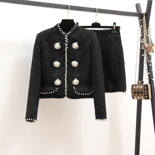 New 2020 Autumn Winter Two Piece Set Tracksuit Women Elegant Black Pearl Coat+High Waist Tweed Mini Skirt Ladies Outfits