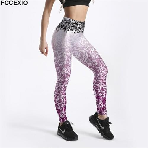 FCCEXIO New Workout Leggings High Waist Fitness Legging Pink Mandala 3D Printed Leggins Female Pink Pants Large Size Leggings