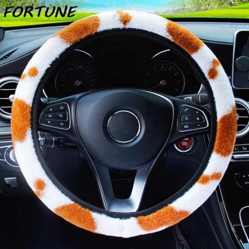 Plush Car Steering Wheel Cover Cow Pattern Decoration Super Soft Thick Plush Protector For Women Men Car-styling Car Accessories