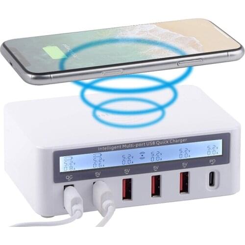 QI Wireless USB Charger 40W QC3.0 Type C Fast Charge Adapter Unversal 6 Ports LCD Intelligent USB Charger Station