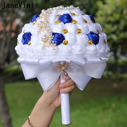 JaneVini Wedding Bouquets for Bride Luxury Gold Crystal White Satin Roses Flowers Handmade Bridal Hand Bouquet Church Decoration
