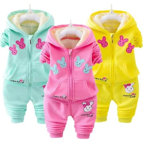 Toddler Cartoon Rabbit Thick Warm Clothing Set For Girls Winter Lining Plus Velvet Girls Suit Children Birthday Present