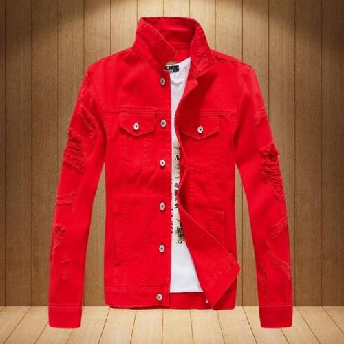 Spring 2019 Red Hip Hop Denim Jacket Men Windbreaker Streetwear Ripped Jeans Jacket Homme Casual Bomber Jacket