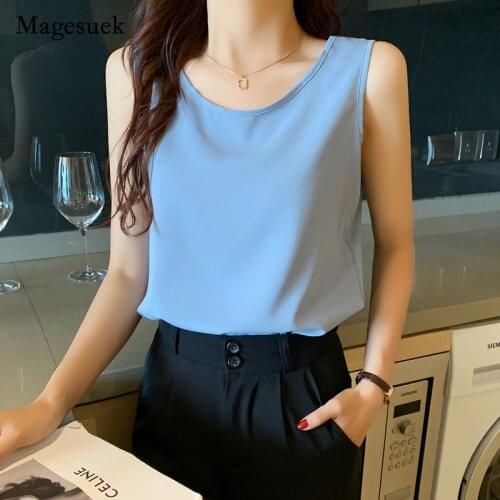 Summer New Chiffon Blouse for Women Solid O-neck Blue White Blouse Elegant Sexy Loose Sleeveless Tops Women Clothing Blusa 16161