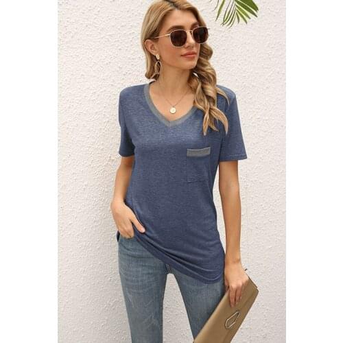 Spring And Summer Vintage Sexy T Shirt New Womens Color Contrast Pocket V Neck Stitching Solid Ladies Basic Short Sleeved Top