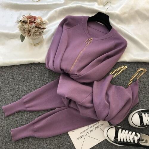 Women 2020 Autumn Winter Zipper Knitted Cardigans + Chain Vest And Pants 3pcs Sets Fashion Suit Tracksuits Womens Outfits