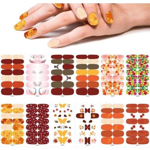 Recuerdame 14Tips/Sheet Maple Leaves Nail Art Sliders Fall Yellow Gold Sticker Adhesive Full Nail Wraps DIY Manicure Decorations
