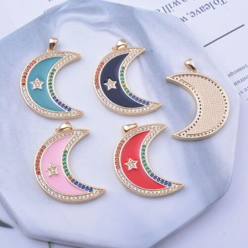 2pcs 22*28mm High Quality Gold Color Enamel Color zircon Moon And Star Shape Pendant Necklace Accessories Copper Jewelry Charm