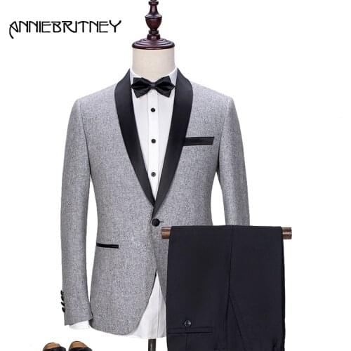 2018 New Brand Light Grey Tweed Suit Men Groom Tuxedo Blazer Slim Fit 2 Piece Prom Men Wedding Suits Terno Masculino jacket+Pant