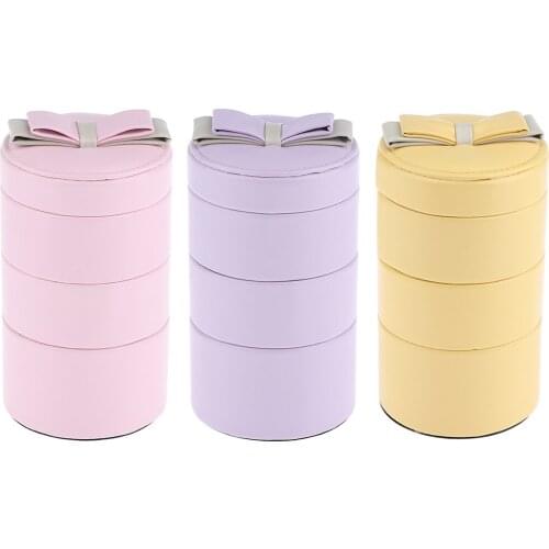 3-tier PU Leather Bowknot Mirrored Makeup Jewelry Storage Box Mini Portable