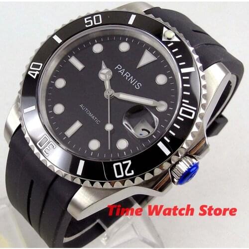 40mm PARNIS watch men waterproof rubber bracelet silver black dial luminous sapphire glass black ceramic bezel MIYOTA Auto P463