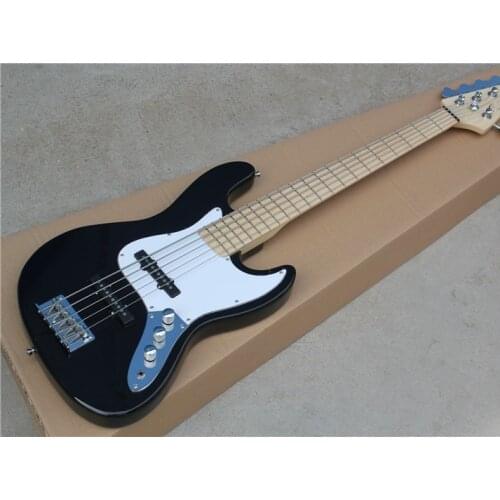 Black 5-string Electric Bass Guitar with White Pickguard,Maple Fingerboard,Chrome Hardwares,Offer Customized