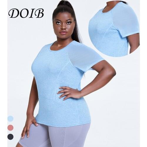 DOIB Women Sports Tees Plus Size Quick Dry Sports T-shirt Female Casual Breathable Mesh Patchwork Yoga 4XL Activewear