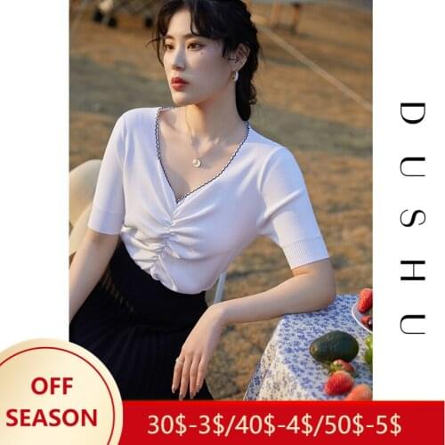 DUSHU French Retro Knitted T-shirt Womens Thin Short-sleeved Summer 2021 New V-neck Top Women Shirts Dropshipping