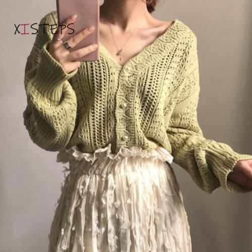 Loose Women Cardigans Summer Autumn Hollow Out V-neck Knitting Coats Green White Female Sweaters Long Sleeve Knitting Clothes