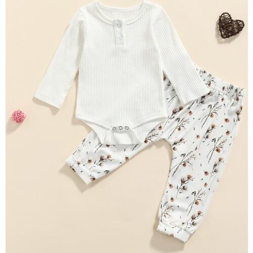 Two Piece Floral Print Clothes Sets Baby Girls 2Pcs Fall Outfits Long Sleeve Button Front Rib Knit Romper Floral Pants Set