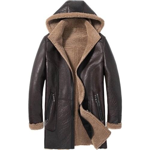 2020 New Detachable Hooded Men Medium Long Sheepskin Fur Shearling Coat Winter Business Casual Men Real Fur Jackets
