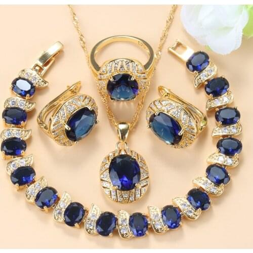 Moroccan Jewelry Gold-Color Necklace Sets Blue Zirconia Clip Earrings Charm Bracelet And Ring African Women Bridal Sets