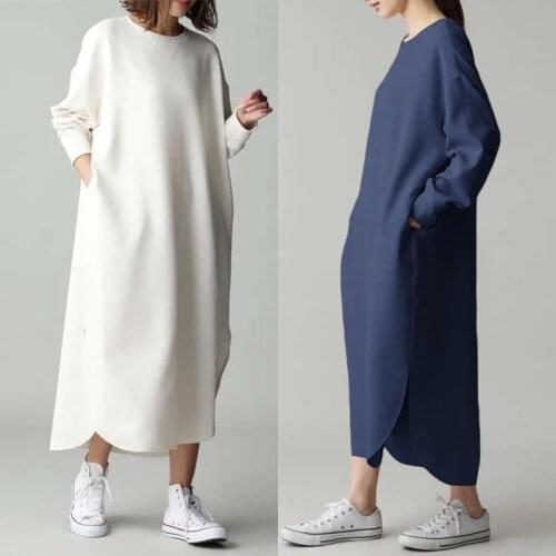 Fashion Split Hoodies Dress Womens Autumn Pullovers 2021 ZANZEA Casual Long Sleeve Maxi Vestidos Female O Neck Robe Plus Size
