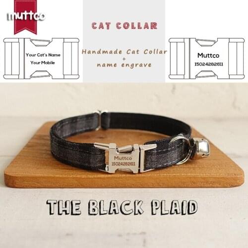 MUTTCO Retailing handmade engraved metal buckle cat collar THE BLACK PLAID flexible pet collar 2 sizes cat collar UCC075
