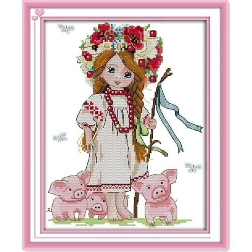 Garland girl with pigs cross stitch kit package cartoon aida 18ct 14ct 11ct pearl white cloth embroider DIY handmade needlework