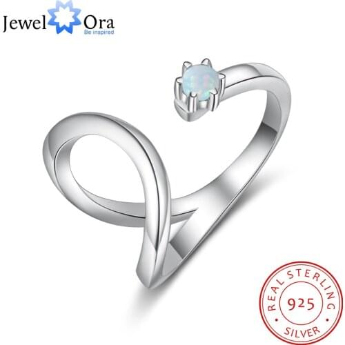 Genuine 925 Sterling Silver Open Adjustable Rings with White Opal Stone Geometric Style Finger Rings for Women Fine Jewelry