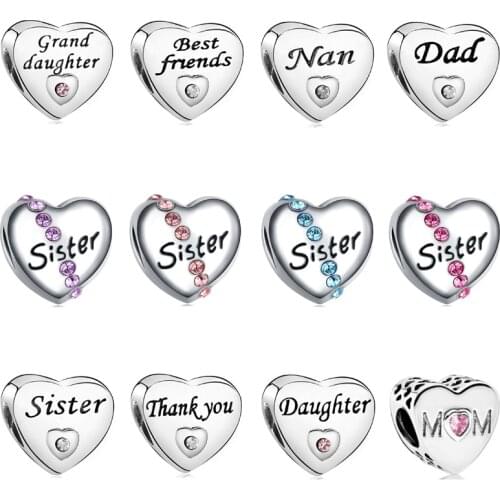 New Hot Sale Original Family Friends Sisters Love English Letter Beads Suitable for Original Pandora Ladies Bracelet Jewelry