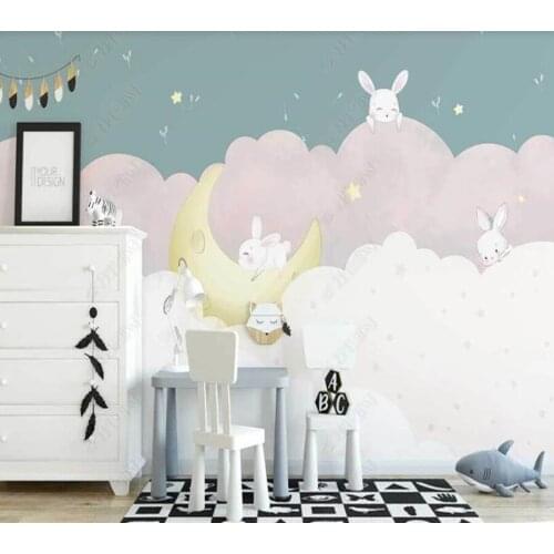 Custom papel parede hand-painted clouds little white rabbit starry childrens room for living room bedroom decoration wallpaper