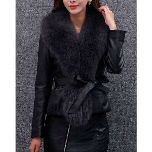 Autumn and Winter Pu Faux Fur Collar Stitching Womens Fashion Solid Color Jacket Ladies Elegant Lace-up Jacket Women Ladies