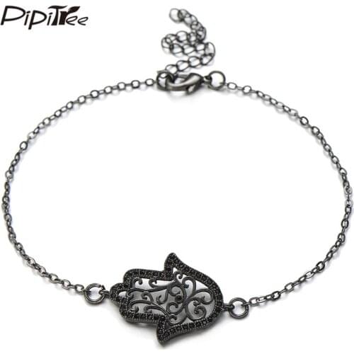 Pipitree Fashion Hamsa Hand Bracelet Black CZ Zircon Stone Chain Link Charm Bracelets & Bangles for Women Men Trendy Jewelry