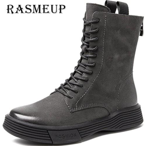 RASMEUP Genuine Leather Casual Boots Women Winter Shoes Trendy Women Fretwork Riding Boots Lace Up Retro Boots Gift Hight End