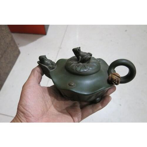 Old Chinese Handcraft Enameled YiXing Zi Sha Clay (Purple stoneware) Teapot ,Frog & Lotus,no 33,with mark,Free shipping