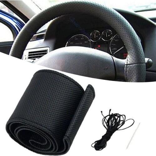 Universal 38cm Diameter Soft Anti-Slip Car Steering Wheel Cover Fiber Leather DIY Steering Wheel Cover Braid & Needles Thread