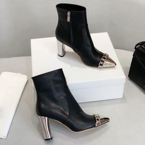 Pointed Toe Women Boots Metal Decor Women Shoes Ankle Boots For Woman Zip Genuine Leather Autumn High Heels Chain Shoes Woman