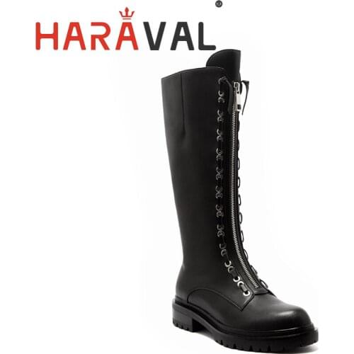 HARAVAL women knee-high boots cross lace up rounded toe flat women shoes sexy punk lady shoes autumn winter fashion elegantE131L