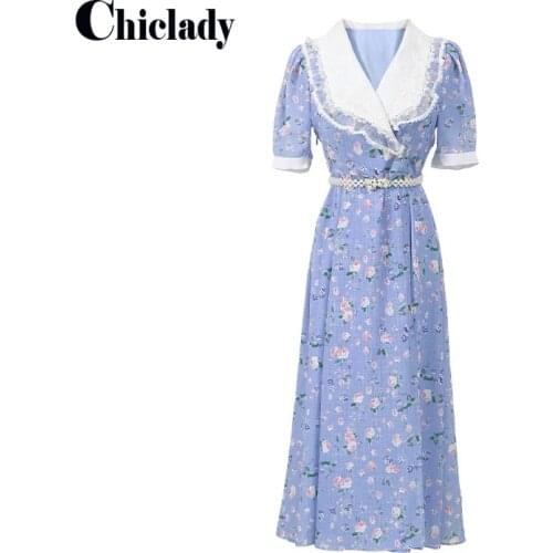 CHICLADY floral midi dress designer beading belt short sleeve summer blue prairie chic patchwork lace Peter Pan Collar Sweet new