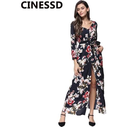 CINESSD Women Floral Print Chiffon Long Dress V Neck Long Sleeve Bohemian Split Button Beach Party Casual Maxi Dress with Pocket