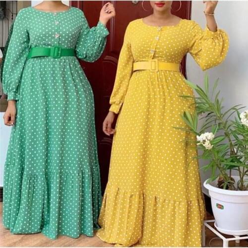 Bohemian African Lace Maxi Dresses for Women Dots Long Sleeve Ruffle Dress with Belt Plus Size Dress Wholesale Dropshipping
