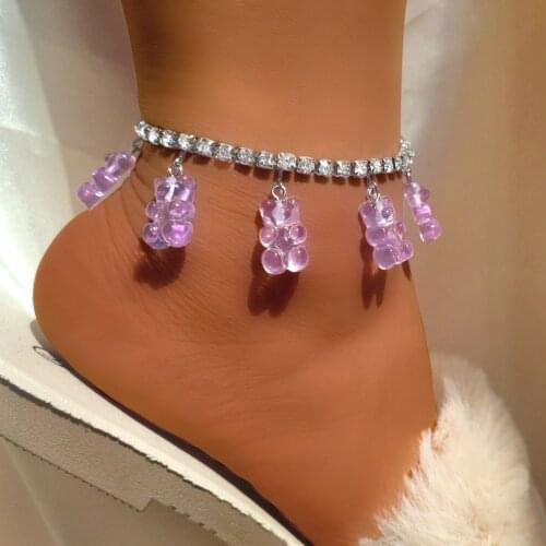 Bohemia Cute Cartoon Bear Pendant Tennis Chain Anklets Bracelets For Women Girls Transparent Bear Rhinestone Barefoot Jewelry