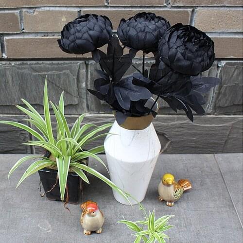 Retro Black Artificial Flowers Bouquet Single Branches Peony Rose Plastic Flowers for Home Wedding Decoration Photography