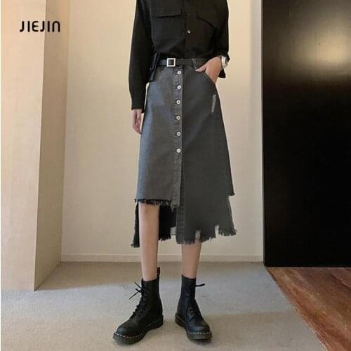 Denim Skirts Womens Asymmetrical Pencil Jean Skirt Ladies High Split Midi Skirt Irregular Patchwork Korea Denim Skirt Womens