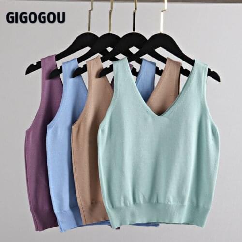 GIGOGOU Sexy V Neck Knitted Crop Top Womens Shirt Plus Size Tank Top Underwear Women Casual Streetwear Clothing For Women Tank