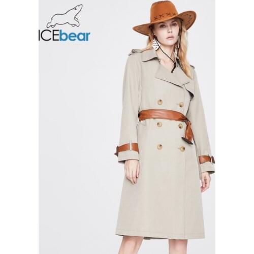 ICEbear ladies trench coat autumn new style atmospheric fashion elegant PU leather contrast color vintage windbreaker 92311