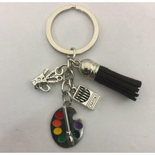 1Pcs Painters Tools-Palette&Brush Keychain With Tassel Jewelry Tibetan Silver Charm Pendant Key Chain Ring DIY Fit Keychain