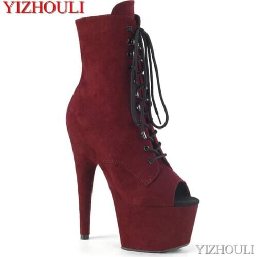 17cm heels, low-heeled fishbeaks for dinner, suede, open-toed 7-inch heels, club pole dancing ankle boots