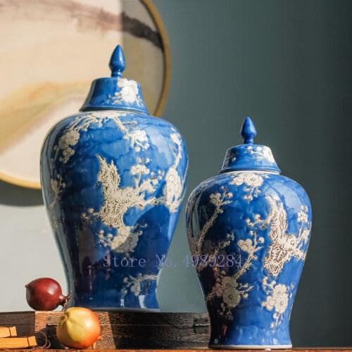 Chinese Ceramic Pot Retro Plum Relief Handmade Blue Flower Ceramic Storage Jar Handicraft Decoration Modern Home Decoration