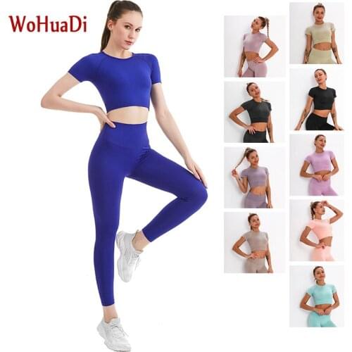 WOHUADI Striped knitted Seamless Sportswear T-Shirt Gym Sports Yoga Set Women High Waist Leggings Fitness Crop Top Wear Workout