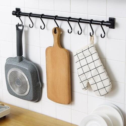Space Aluminum Kitchen Organizer Hanging Rod Free Punch Hook Bar Storage Wall Hanging Kitchen Supplies Hanger Spoon Board Hook