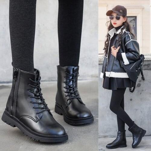 Girl Leather Ankle Boots with Cotton Winter 2021 New British Style Kids Martin Boots Non-slip Children Single Boots Fashion Hot