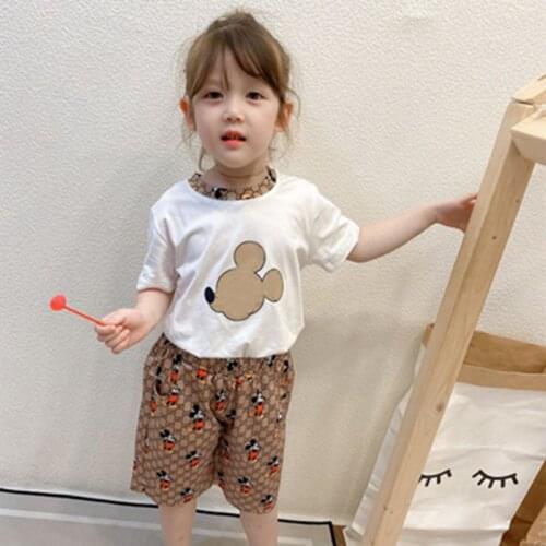 Summer DISNEY Clothing Set Kids Mickey White short-sleeved T-shirt+Shorts Clothes Mickey Mouse Khaki Shorts For Boy&Girl Kids